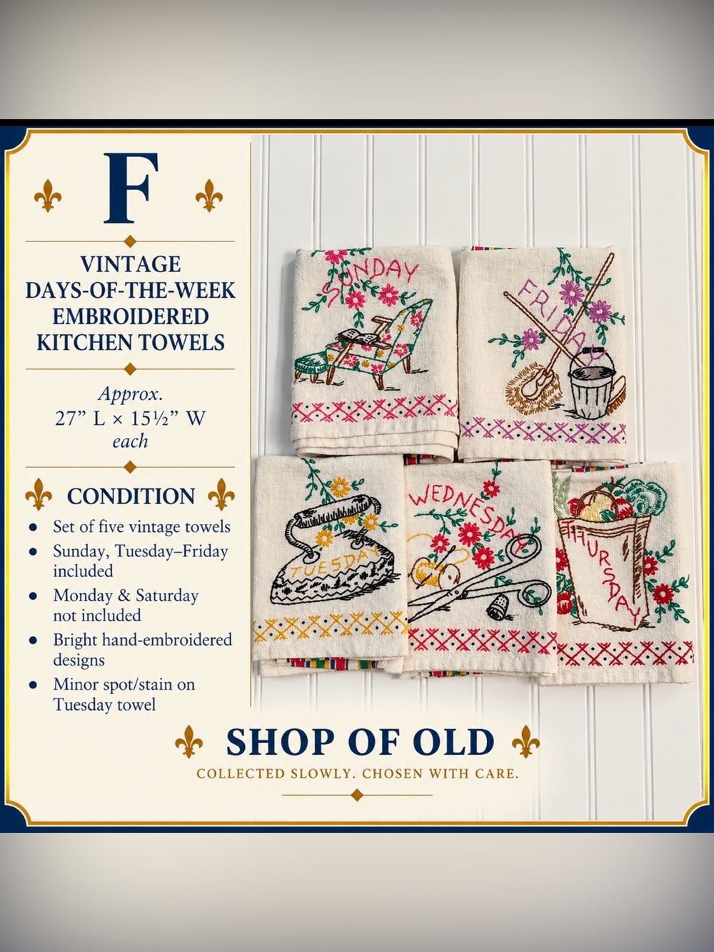 Vintage Days-of-the-Week Embroidered Kitchen Towels | Set of 5